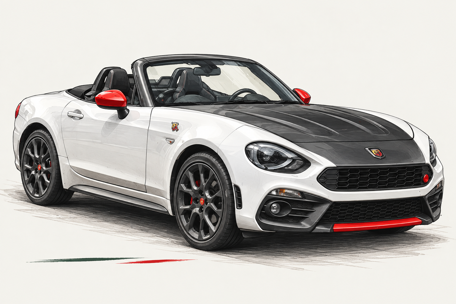 Illustrated front three quarter view of an Abarth 124 Spider