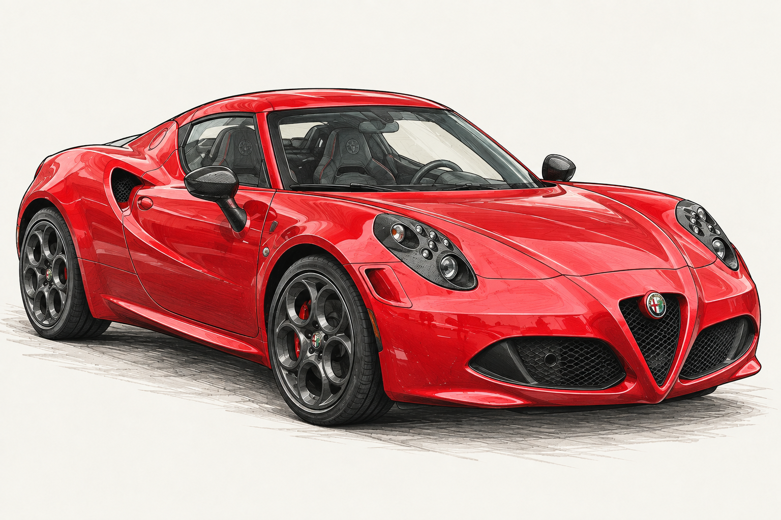 Illustrated front three quarter view of a red Alfa Romeo 4C coupe