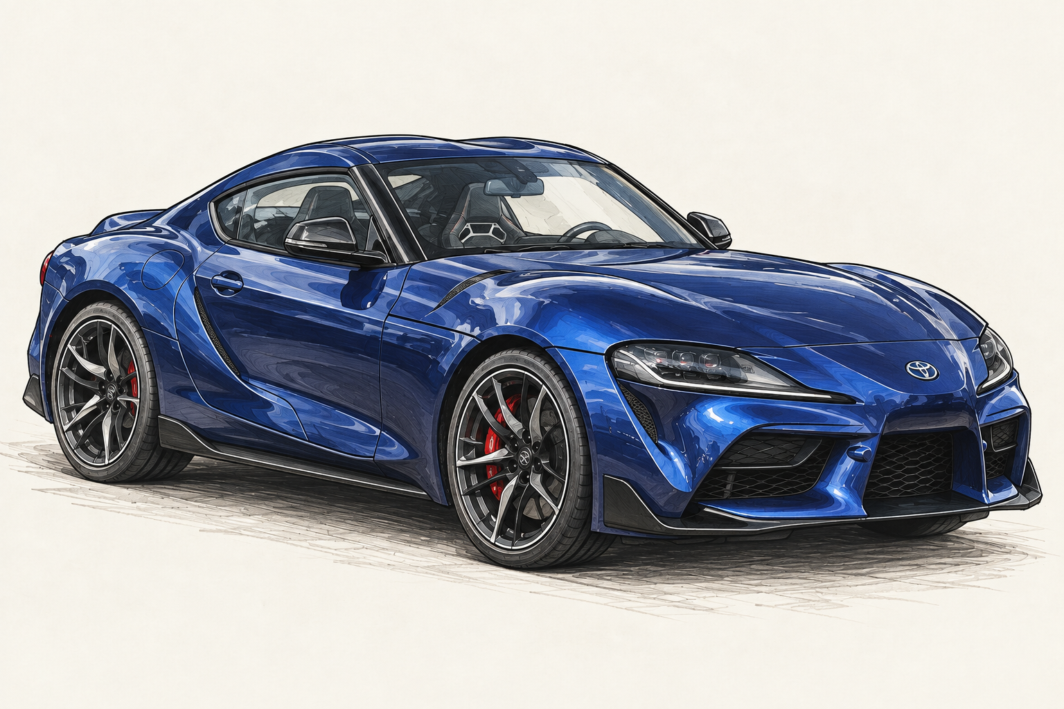 Illustrated front three quarter view of a blue Toyota GR Supra A90 coupe